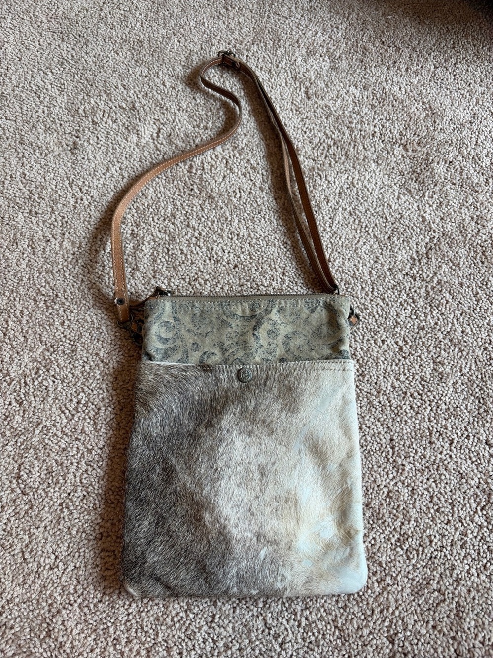 Myra Bag Real Cow Hide Western Fur Crossbody Bag White And Tan